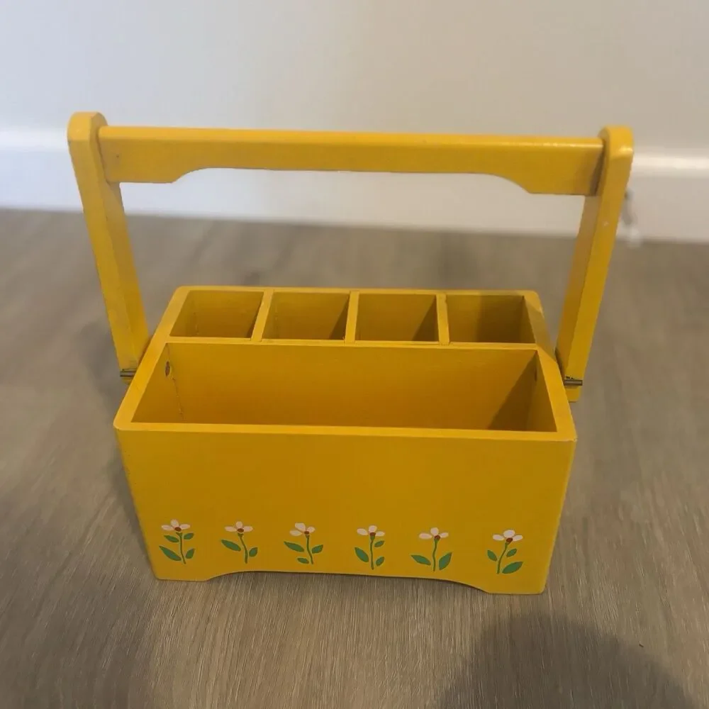 Vtg 1984 Teleflora Yellow Wooden Handle Caddy Desk Organizer Flower Crate 8in